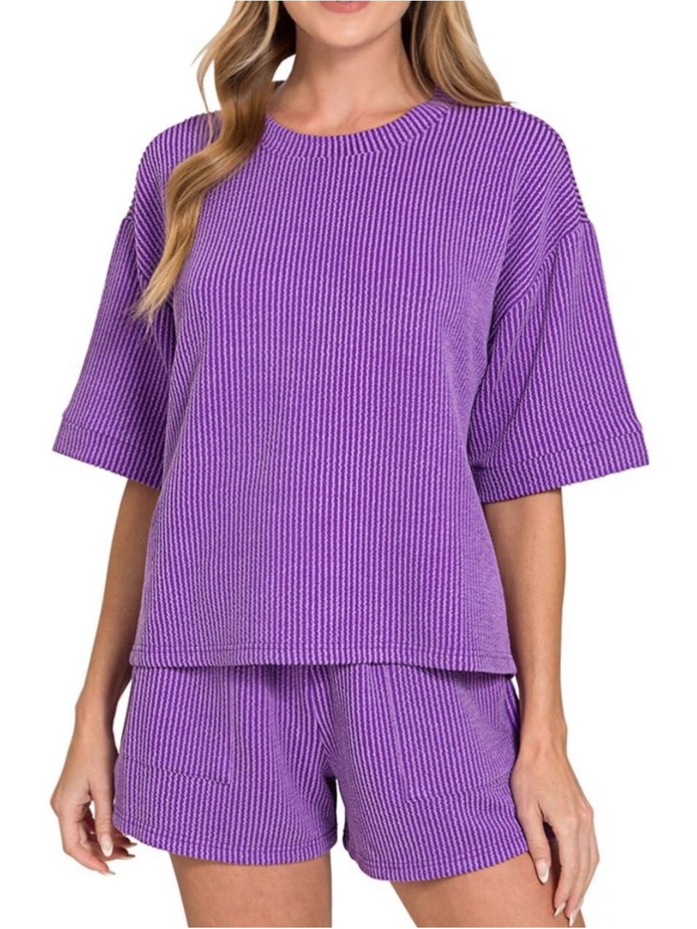 Purple Ribbed Short Sleeve and Short Set - Women